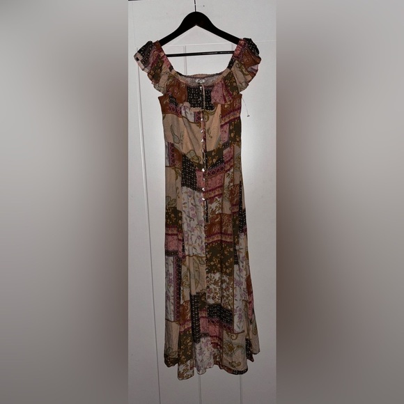 NEW Z Supply Veda Off Shoulder Midi Dress Country Cowgirl Patchwork Boho Women M - Picture 1 of 12